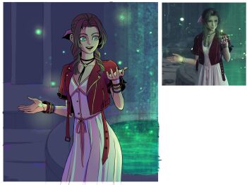 1girl aerith_gainsborough art_study bangle border bracelet breasts changbim13 choker cowboy_shot cropped_jacket derivative_work dress final_fantasy final_fantasy_vii final_fantasy_vii_rebirth final_fantasy_vii_remake flower_choker game_screenshot_inset green_eyes hair_ribbon highres jacket jewelry medium_breasts parted_bangs parted_lips pink_dress pink_ribbon red_jacket ribbon screenshot_inset screenshot_redraw sidelocks smile solo white_border