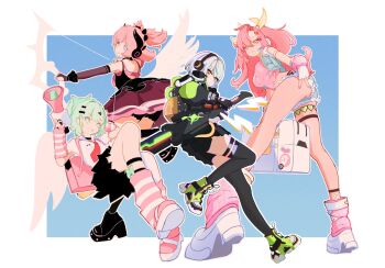 4girls absurdres anby_demara aria_(human)_(discordant_note)_(zenless_zone_zero) aria_(human)_(zenless_zone_zero) aria_(zenless_zone_zero) arm_warmers ass bag bare_shoulders black_bridal_gauntlets black_gloves black_skirt black_thighhighs blue_background blue_eyes blue_shorts border bow_(weapon) breasts bridal_gauntlets cinnie_kinnie closed_mouth denim denim_shorts denim_vest fingerless_gloves fur-trimmed_shorts fur-trimmed_skirt fur-trimmed_vest fur_trim gloves green_eyes green_hair green_shorts grey_hair headphones highres holding holding_bow_(weapon) holding_megaphone holding_sword holding_weapon large_breasts leg_warmers long_hair looking_at_viewer megaphone multiple_girls necktie nicole_demara nicole_demara_(cunning_cutie) official_alternate_costume orange_eyes pink_arm_warmers pink_bag pink_hair pink_leg_warmers pink_shoes pink_tube_top quad_tails red_necktie ribbon shirt shoes shorts skirt sneakers strapless striped_arm_warmers striped_leg_warmers sunna_(zenless_zone_zero) sword thigh_strap thighhighs tube_top two_side_up vest weapon white_border white_shirt white_wings winged_bag wings yellow_ribbon zenless_zone_zero