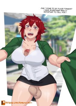 1futa absurdres aizawa_tomo autopaizuri autopaizuri_under_clothes blush breasts erection fang femboycarti futanari highres holding holding_shirt holding_unworn_clothes huge_penis large_breasts masturbation miniskirt paizuri penis red_eyes red_hair school_uniform shirt short_hair skirt solo speech_bubble standing sweat sweatdrop testicles thick_thighs thighs tomboy tomo-chan_wa_onna_no_ko uncensored unworn_shirt white_background