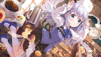 1girl angora_rabbit arms_up blue_eyes blush cake coffee cookie food gochuumon_wa_usagi_desu_ka? grey_hair highres idoly_pride kafuu_chino long_hair official_art parted_lips rabbit rabbit_house_uniform skirt sugar_cube tippy_(gochiusa)