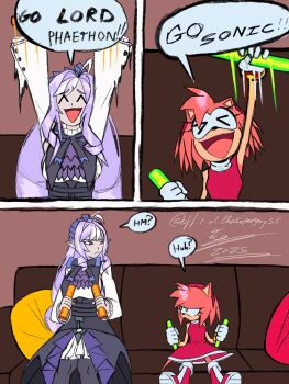 Rule 34 | > <, 2girls, 3koma, amy rose, annoyed, arm up, arms up, artist name, boots, breasts, comic, confused, couch, crossover, english text, gloves, green eyes, hairband, half-closed eyes, happy, height difference, highres, large breasts, legs, long hair, long skirt, looking at another, multiple girls, open mouth, pantyhose, pink hair, pointy ears, red eyes, sega, short hair, sitting, skirt, smile, sonic (series), thighs, tongue, vivian banshee, zenless zone zero