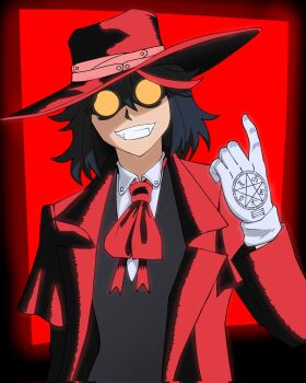 1girl alucard_(hellsing) alucard_(hellsing)_(cosplay) black_hair coat cosplay daigo_(daistrangelove) glasses gloves hat hellsing highres kill_la_kill looking_at_viewer matoi_ryuuko multicolored_hair necktie orange-tinted_eyewear pentagram red_hair short_hair smile solo streaked_hair tinted_eyewear two-tone_hair vampire white_gloves