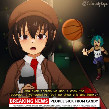 2girls ball basketball_(object) basketball_uniform black_hair brown_eyes brown_jacket cloudykeyz commentary dumpster english_text fake_screenshot fire_hydrant fireflies green_eyes green_hair halloween halloween_bucket halloween_costume hat highres holding holding_microphone jacket lamppost leggings looking_at_viewer microphone multiple_girls news newsboy_cap night open_mouth outstretched_arm pointy_ears shameimaru_aya shameimaru_aya_(newsboy) short_hair sportswear subtitled suit_jacket touhou touhou_lostword upper_body wriggle_nightbug wriggle_nightbug_(worm_moon_firefly)