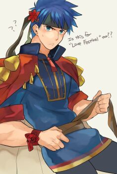 1boy ? ?? aper blue_eyes blue_hair bulge commentary english_commentary english_text erection erection_under_clothes fire_emblem fire_emblem:_path_of_radiance fire_emblem_heroes headband highres ike_(fire_emblem) ike_(valentine)_(fire_emblem) male_focus nintendo official_alternate_costume short_hair simple_background solo