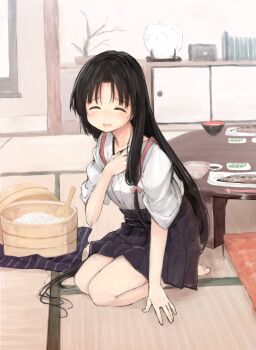 1girl barefoot black_hair black_hakama blush bowl closed_eyes commentary_request cushion facing_viewer fish_(food) floor food hakama hakama_skirt indoors japanese_clothes kantai_collection kimono long_hair oge_(ogeogeoge) ohitsu on_floor open_mouth plate rice shamoji shouhou_(kancolle) sitting skirt solo table tasuki tatami very_long_hair white_kimono