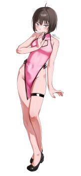 1girl absurdres antenna_hair bare_shoulders breasts brown_hair china_dress chinese_clothes cleavage_cutout clothing_cutout dress highres looking_at_viewer osanai_yuki parted_lips pelvic_curtain pink_dress pink_eyes short_hair shoushimin_series signature simple_background small_breasts solo thigh_strap thighs waligner white_background