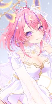 1girl absurdres ahoge breasts cleavage closed_mouth crescent crescent_hair_ornament dress flower gold_trim hair_ornament heart heart_ahoge heterochromia highres horn_ornament horn_ribbon horns ironmouse ironmouse_outfit_art_contest large_breasts multicolored_hair naname580 pink_eyes pink_hair purple_eyes purple_hair ribbon see-through_clothes see-through_sleeves short_hair solo streaked_hair tiara virtual_youtuber vshojo white_dress white_flower white_ribbon white_wings wings