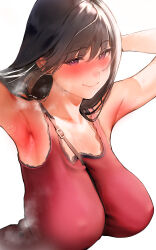Rule 34 | 1girl, absurdres, armpits, arms up, between breasts, black hair, breasts, closed mouth, highres, huge breasts, inushima, long hair, looking at viewer, mole, mole under mouth, nose, original, paid reward available, purple eyes, red shirt, shirt, simple background, sleeveless, sleeveless shirt, smile, solo, steaming body, strap between breasts, sweat, upper body