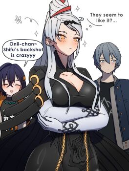 1boy 2girls absurdres ahoge alternate_eye_color alternate_hairstyle arms_under_breasts averting_eyes bayonetta bayonetta_(cosplay) beehive_hairdo belle_(zenless_zone_zero) black_shirt black_unitard blue_hair blue_jacket blush breast_cutout breasts cleavage closed_eyes closed_mouth collarbone commentary cosplay crossed_bangs dorahdew english_commentary english_text flower gloves grey_eyes grey_hair hair_between_eyes hair_ornament highres jacket jewelry large_breasts letter_hair_ornament long_hair multiple_girls necklace no_pupils orange_eyes print_shirt shirt short_hair simple_background sparkle speech_bubble white_background white_gloves white_hair wide_hips wise_(zenless_zone_zero) yixuan_(zenless_zone_zero) zenless_zone_zero