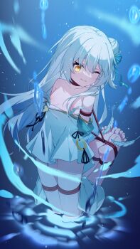 1girl absurdres ai_si_te_yisheng_tui arms_behind_back barefoot bdsm blue_hair bondage bound bound_ankles bound_arms breasts chinese_clothes cleavage clothes_pull dress dress_pull feathers feet hanfu highres loli nipples no_bra one_eye_closed open_mouth original scared shibari simple_background solo tickling tickling_feet tickling_nipples yaopei yellow_eyes