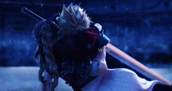 1boy 1girl 3d absurdres aerith_gainsborough arm_around_back arm_around_neck armor armored_gloves artist_name bandaged_arm bandages braid braided_ponytail buster_sword cloud_strife cropped_jacket dress final_fantasy final_fantasy_vii final_fantasy_vii_remake hair_ribbon highres hug jacket pauldrons pink_dress pink_ribbon red_jacket ribbon sharp_teeth short_hair shoulder_armor sidelocks single_braid single_pauldron solarasona teeth train_graveyard weapon weapon_on_back