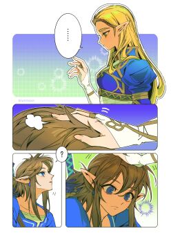 ... 1boy 1girl ? blonde_hair blue_eyes blue_shirt blue_tunic border breasts bridal_gauntlets brown_hair earrings gold_trim green_eyes hair_between_eyes hand_in_another&#039;s_hair hand_on_another&#039;s_head hetero highres jewelry juliet_sleeves link long_hair long_sleeves looking_at_another low_ponytail medium_breasts nintendo parted_bangs pointy_ears ponytail puffy_sleeves shirt shuo_yue sidelocks spoken_ellipsis spoken_question_mark the_legend_of_zelda the_legend_of_zelda:_breath_of_the_wild tunic twitter_username white_border white_sleeves