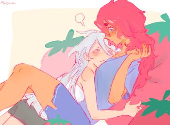 2girls between_legs black_shorts blue_eyes blue_shirt blue_shorts blush closed_eyes closed_mouth commentary cuddling gundam gundam_suisei_no_majo highres hug long_hair miorine_rembran multiple_girls red_hair rynyurika shirt shorts suletta_mercury symbol-only_commentary thick_eyebrows tomato twitter_username white_hair white_shirt yellow_background yuri