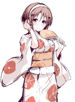 1girl alternate_costume blush breasts brown_eyes brown_hair commentary_request floral_print hairband hand_fan hand_in_own_hair holding holding_fan japanese_clothes kantai_collection kimono looking_at_viewer medium_breasts natori_(kancolle) obi sash short_hair simple_background smile solo sumisu_(mondo) white_background white_hairband wide_sleeves yukata