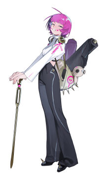 1girl absurdres bag buttons cane highres linween original short_hair simple_background smile solo stitched_face stitches voodoo_doll white_background x_x