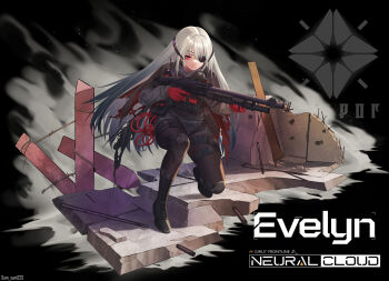 Rule 34 | 1girl, ammunition, artist name, character name, closed mouth, copyright name, evelyn (neural cloud), expressionless, eyepatch, full body, girls' frontline, girls' frontline neural cloud, gloves, grey hair, gun, highres, holding, holding gun, holding weapon, load bearing vest, long hair, red eyes, red gloves, samsam s2s, shotgun, svarog heavy industries, tactical clothes, weapon