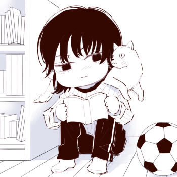 Rule 34 | 1girl, animal, animal on shoulder, ball, book, bookshelf, cat, cat on shoulder, chainsaw man, chibi, chibi only, deer60868637, holding, holding book, knees up, medium hair, mitaka asa, monochrome, on floor, pants, soccer ball, solo, sweater