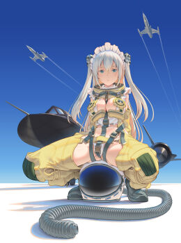 1girl aircraft airplane arms_behind_back blue_sky breasts contrail crossed_bangs fighter_jet green_eyes hair_ornament helmet highres long_hair looking_at_viewer medium_breasts military military_vehicle original pinakes sky solo spread_legs squatting sr-71_blackbird stealth stealth_aircraft twintails uniform white_hair