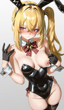 1girl absurdres animal_ear_hairband animal_ears bare_shoulders black_gloves black_leotard black_thighhighs blonde_hair blush bow bowtie breasts closed_mouth commentary_request covered_navel detached_collar dress fake_animal_ears gloves grey_background groin hairband half_gloves hand_up high_side_ponytail highres hirahiragi_(h1rqg1) leotard leotard_pull long_hair looking_to_the_side luciana_de_montefio nipples one_breast_out plaid_bow plaid_bowtie plaid_clothes playboy_bunny pulling_own_clothes rabbit_ear_hairband rabbit_ears red_bow red_bowtie red_eyes side-tie_leotard side_ponytail simple_background small_breasts solo strapless strapless_dress strapless_leotard thighhighs very_long_hair white_background white_wrist_cuffs wrist_cuffs zenless_zone_zero