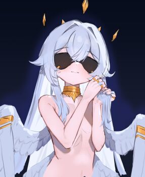 1girl angel_wings argusrho blindfold blush covered_eyes crossed_bangs flat_chest grey_hair hair_between_eyes hair_intakes halo holding holding_own_hair jewelry loli long_hair low_wings nude original parted_lips ring simple_background smile solo upper_body very_long_hair white_hair wings
