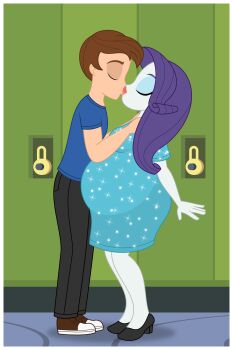 Rule 34 | 1boy, 1girl, absurdres, belly, big belly, black pants, blue shirt, border, bronzeeagle94, brown hair, brown shoes, closed eyes, commentary, english commentary, full body, high heels, highres, kiss, my little pony, my little pony: equestria girls, my little pony: friendship is magic, original, pants, pregnant, purple hair, rarity (equestria girls), rarity (my little pony), shirt, shoes, tagme, white border