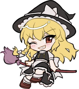 1girl apron black_hat black_skirt black_vest blonde_hair blush bow broom broom_riding brown_eyes brown_shoes buttons chibi chibi_only double-breasted frilled_apron frilled_skirt frills full_body grin hat hat_bow kirisame_marisa long_hair looking_at_viewer mirei_(miirei) one_eye_closed shirt shoes short_sleeves simple_background sitting skirt skirt_set smile socks solo touhou transparent_background v-shaped_eyebrows vest waist_apron white_apron white_bow white_shirt white_socks witch_hat