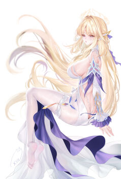 1girl backless_outfit bare_shoulders blonde_hair blue_eyes breasts butt_crack commentary_request cross-shaped_pupils detached_sleeves dress facial_mark forehead_mark frilled_sleeves frills from_behind genshin_impact gold_halo hair_lift highres large_breasts long_hair looking_to_the_side nicole_(genshin_impact) obiwan pantyhose pointy_ears sideboob signature simple_background sitting solo symbol-shaped_pupils very_long_hair weisuoxin white_background white_dress white_pantyhose white_sleeves