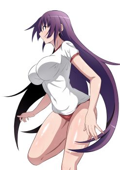 1girl absurdres blue_eyes breasts buruma closed_mouth commentary_request covered_navel from_side gym_shirt gym_uniform highres impossible_clothes impossible_shirt kakukakusan large_breasts long_hair looking_ahead monogatari_(series) profile purple_hair red_buruma senjougahara_hitagi shiny_skin shirt short_sleeves simple_background smile solo standing standing_on_one_leg sweat very_long_hair white_background white_shirt