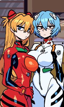 2girls :&lt; :/ alternate_breast_size_(larger) ass ayanami_rei blue_eyes bodysuit breasts brown_hair curvy expressionless highres long_hair looking_at_viewer monmaamn multiple_girls neon_genesis_evangelion red_bodysuit shiny_clothes shiny_skin souryuu_asuka_langley standing tsundere white_bodysuit wide_hips