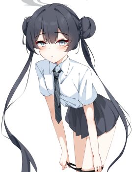 1girl alternate_costume black_hair black_necktie black_panties black_skirt blue_archive blush center_frills collared_shirt commentary_request cowboy_shot diagonal-striped_clothes diagonal-striped_necktie double-parted_bangs double_bun dress_shirt frills grey_eyes grey_halo hair_bun hair_intakes halo highres kabocya_na kisaki_(blue_archive) leaning_forward long_hair looking_at_viewer miniskirt necktie panties panty_pull pleated_skirt pout shirt short_sleeves sidelocks simple_background skirt solo striped_clothes twintails underwear very_long_hair white_background white_shirt