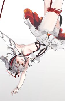 antenna_hair arknights clothing_cutout cosplay crossover flower hair_flower hair_ornament highres kyona_7898 rope stomach_cutout thighhighs w_(arknights) white_thighhighs wis&#039;adel_(arknights)