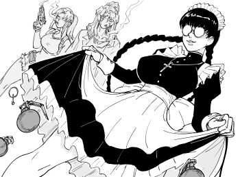 3girls absurdres apron balalaika_(black_lagoon) bb_(baalbuddy) black_dress black_lagoon braid breasts clothes_lift commentary dress english_commentary explosive female_focus frilled_dress frills grenade greyscale gun handgun highres holding holding_gun holding_weapon large_breasts long_hair maid maid_apron maid_headdress monochrome multiple_girls ponytail revy_(black_lagoon) roberta_(black_lagoon) skirt skirt_lift smoking twin_braids waist_apron weapon wrist_cuffs