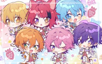 Rule 34 | 6+boys, animal ears, blonde hair, blue eyes, blue hair, blush stickers, chibi, chibi only, closed mouth, colon (stpri), commentary, dog ears, finger heart, food, four-finger heart hands, fruit, green eyes, hand up, hands on own cheeks, hands on own face, heart, heart hands, heterochromia, highres, jacket, jel (stpri), long sleeves, looking at viewer, male focus, multicolored hair, multiple boys, nanamori (stpri), one eye closed, open clothes, open jacket, open mouth, orange hair, outstretched arm, pink hair, pitupituta, purple eyes, purple hair, red hair, rinu (stpri), root (stpri), satomi (stpri), smile, strawberry, strawberry prince, streaked hair, white jacket, yellow eyes