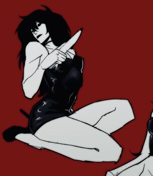 1girl black_dress black_eyes black_hair breasts cleavage creepypasta dress empty_eyes full_body high_heels highres holding holding_knife jane_the_killer knife long_hair looking_at_viewer messy_hair nekrottt screencap seiza sitting solo spaghetti_strap
