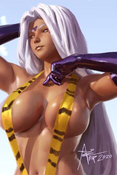 1girl 2020 aa_megami-sama animal_print armpits arms_up artnip black_gloves blue_sky breasts cleavage commentary dark-skinned_female dark_skin elbow_gloves facial_mark female_focus forehead_mark gloves large_breasts latex latex_gloves leopard_print lips long_hair navel nose one-piece_swimsuit purple_eyes realistic shiny_skin signature sky slingshot_swimsuit solo strap_gap swimsuit upper_body urd_(aa_megami-sama) veins veiny_breasts very_long_hair white_hair yellow_one-piece_swimsuit yellow_slingshot_swimsuit