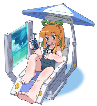 1girl barefoot beach_umbrella blonde_hair commentary_request energy_tank feet green_eyes green_ribbon hair_ribbon highres ki_(adotadot) long_hair mega_man_(classic) mega_man_(series) open_mouth ponytail ribbon robot_girl roll_(mega_man) school_swimsuit simple_background soles solo swimsuit toes umbrella white_background
