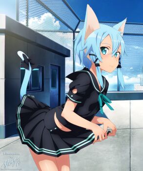 1girl absurdres animal_ears aqua_eyes artist_name black_bow black_sailor_collar black_serafuku black_shirt black_skirt blue_hair blue_ribbon blue_sky bow cat_ears cat_tail clothes_lift collared_shirt cowboy_shot day derivative_work hair_between_eyes highres huge_filesize leaning_forward lifted_by_tail lifting_own_clothes looking_at_viewer midriff_peek miniskirt neck_ribbon outdoors pleated_skirt ribbon rooftop sailor_collar sailor_shirt school_uniform serafuku shirt short_hair_with_long_locks short_sleeves shugo19 sidelocks sinon sinon_(sao-alo) skirt skirt_lift sky solo standing sword_art_online tail tail_bow tail_ornament watermark web_address