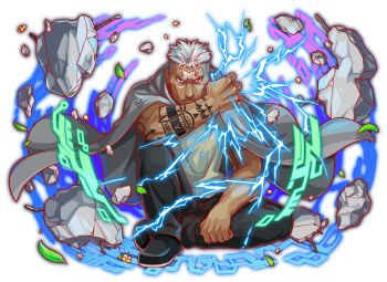 1boy anime_coloring arm_rest arm_tattoo artist_request biceps black_footwear black_pants cheekbones clenched_hands cloak crash_fever electricity facing_viewer floating floating_object flower frown full_body fullmetal_alchemist game_cg grey_cloak hood hood_down hooded_cloak leaf looking_at_viewer male_focus mature_male muscular muscular_male nose number_print numbered official_art outline pants print_cloak red_eyes red_outline rock scar scar_(fma) scar_on_face serious shirt short_hair sitting solo square square_print tachi-e tattoo third-party_source transparent_background very_short_hair white_hair yellow_shirt