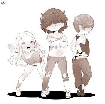 3girls :3 :d aged_down animification ass bare_shoulders bent_over blush born-to-die cartoon_network closed_mouth crop_top crossed_arms curly_hair denim earrings ed_edd_n_eddy flat_chest full_body greyscale grin hair_ornament hair_over_eyes hair_over_one_eye hairclip hands_on_own_hips highres jeans jewelry lee_kanker loli long_sleeves looking_at_viewer marie_kanker may_kanker midriff monochrome multiple_girls navel necklace open_mouth panties pants polka_dot polka_dot_shirt shirt shoes short_hair short_shorts short_sleeves shorts siblings simple_background sisters sleeveless smile sneakers socks standing strap_slip tank_top teeth thong torn_clothes torn_pants underwear waving wavy_hair white_background wristband