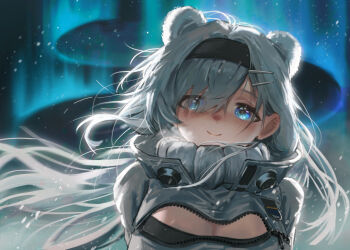 Rule 34 | 1girl, animal ears, arknights, aurora, aurora (arknights), bear ears, black thighhighs, blue eyes, breasts, cleavage, cleavage cutout, clothing cutout, crop top, cropped jacket, eyes visible through hair, gloves, hair over one eye, hairband, head tilt, highres, jacket, kirihara aki, large breasts, long hair, long sleeves, looking at viewer, looking up, midriff, pouch, sky, snow, snowing, solo, standing, star (sky), thighhighs, very long hair, white hair, white jacket