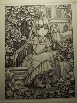 2girls ankle_socks bow briefcase bush calling child column commentary_request crosshatching dress engraving_(medium) finger_to_mouth flower_request full_body hair_bow hatching_(texture) hiding highres holding holding_briefcase lineart long_hair long_sleeves looking_at_viewer maid mo_engraving multiple_girls multiple_hair_bows original outdoors pillar pleated_dress puffy_long_sleeves puffy_sleeves shoes shushing socks squatting traditional_media very_long_hair