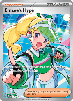 1girl :d artist_name black_gloves blonde_hair blush card_(medium) character_name collared_shirt company_name copyright_name copyright_notice emcee_(pokemon) english_text eyelashes fingerless_gloves gloves green_hat green_shirt hat headset holding holding_microphone index_finger_raised jacket long_hair microphone midriff navel nintendo nitanda_cona off_shoulder official_art open_clothes open_jacket open_mouth outstretched_arm poke_ball_print poke_ball_theme pokemon pokemon_card pokemon_tcg ponytail purple_eyes see-through_clothes see-through_headwear shirt shorts sleeveless sleeveless_shirt smile solo third-party_source trading_card visor_cap white_jacket white_shorts