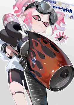1girl :3 absurdres bike_shorts black_shorts closed_mouth commentary_request eyelashes feet_out_of_frame flower-shaped_pupils goggles goggles_on_head grey_background gun highres holding holding_gun holding_weapon inkling inkling_girl inkling_player_character lumos nintendo pink_eyes pink_hair pointy_ears range_blaster_(splatoon) short_hair short_twintails shorts simple_background smirk smug solo splashtag_(splatoon) splatoon_(series) splatoon_3 standing sticker symbol-shaped_pupils tentacle_hair thick_eyebrows thigh_strap twintails weapon