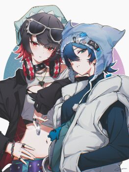 2girls absurdres alternate_costume beanie belle_(zenless_zone_zero) black_hair blue_hair bracelet choker colored_inner_hair ellen_joe eyewear_on_head green_eyes hair_ornament hairclip hands_in_pockets hat headphones headphones_around_neck highres jacket jewelry looking_at_viewer mole mole_under_eye multicolored_hair multiple_girls navel necklace parted_lips red_eyes ring shark_girl shirt short_hair turtleneck yo_na zenless_zone_zero