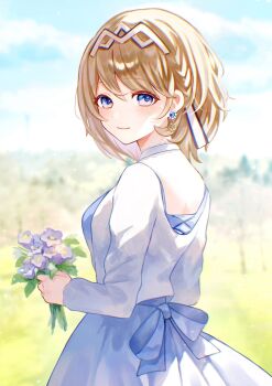 1girl blonde_hair blue_dress blue_sky blurry blurry_background campanella_(vtuber) commentary_request commission cropped_jacket dress earrings flower from_behind headpiece highres holding holding_flower ilis_0226 indie_virtual_youtuber jacket jewelry light_smile long_sleeves looking_at_viewer looking_back purple_eyes purple_flower second-party_source short_hair skeb_commission sky solo upper_body virtual_youtuber white_jacket