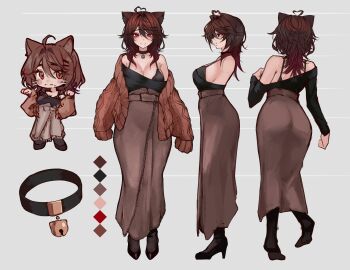 1girl absurdres ahoge animal_ears aran_sweater ass bare_shoulders bell black_collar black_footwear black_pantyhose black_shirt breasts brown_cardigan brown_hair brown_skirt cable_knit cardigan cat_ears reference_sheet cleavage collar color_guide cross-shaped_pupils from_behind full_body hair_between_eyes heart heart_ahoge high_heels highres jingle_bell large_breasts long_hair long_skirt looking_at_viewer mole mole_on_breast mole_under_mouth multiple_views naoko_kirishima naokomama neck_bell off_shoulder open_cardigan open_clothes original pantyhose profile red_eyes shirt shoes sideboob skirt standing straight-on sweater symbol-shaped_pupils turnaround whiskers