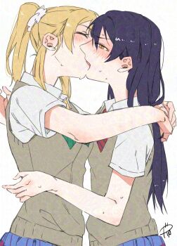 2girls adversarial_noise ayase_eli blonde_hair blue_hair blush brown_sweater_vest closed_eyes commentary_request french_kiss highres kiss long_hair love_live! love_live!_school_idol_project multiple_girls otonokizaka_school_uniform partial_commentary ponytail school_uniform shirt short_hair short_sleeves simple_background sonoda_umi surfacedxxc sweat sweater_vest white_background white_shirt yellow_eyes yuri