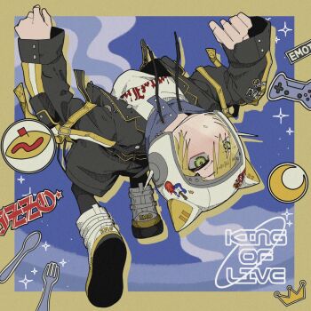 1boy animal_ear_helmet animal_ears animal_helmet arched_back arm_belt belt black_belt black_jacket black_leggings black_shorts blonde_hair blue_hood blush boots border boya_chey cat_ears clothes_writing cloud controller crescent crown drawstring drop_shadow fake_animal_ears food fork from_behind full_body game_controller green_eyes hair_ornament hair_over_one_eye hairclip helmet highres hood hood_down hoodie jacket lapels leggings looking_ahead loose_belt male_focus night nijisanji notched_lapels omelet omurice open_belt open_clothes open_jacket outside_border parted_lips pocket print_hoodie short_hair shorts sky sleeves_past_wrists solo space_helmet sparkle spoon sticker unzipped uzuki_kou uzuki_kou_(5th_costume) virtual_youtuber white_boots white_helmet white_hoodie wolf_cut yellow_belt yellow_border yellow_trim