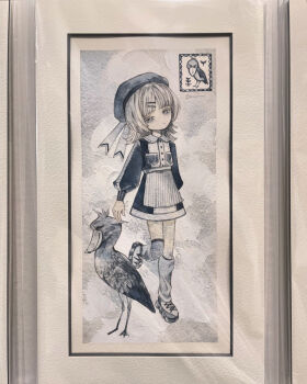 1girl acrylic_paint_(medium) beret bird black_dress bob_cut buttons collared_shirt commentary_request dress expressionless full_body hair_ornament hair_ribbon hairclip hat highres karintoun long_sleeves looking_at_viewer medium_hair monochrome original painting_(medium) parted_bangs photo_(medium) puffy_long_sleeves puffy_sleeves ribbon shirt shoebill signature solo standing standing_on_one_leg straight-on traditional_media watercolor_(medium)