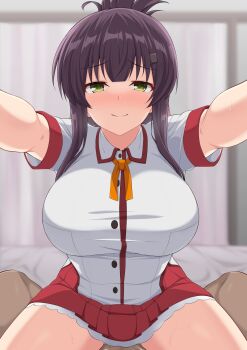 1boy 1girl black_hair breasts closed_mouth commission cowgirl_position dark-skinned_male dark_skin dot_nose girl_on_top green_eyes hair_ornament hairclip hetero highres implied_sex implied_vaginal interracial large_breasts looking_at_viewer maruta_(denmasked) medium_hair outstretched_arms pov raised_eyebrows red_skirt school_uniform shirt skeb_commission skirt smile spread_arms straddling sweat toji_no_miko upright_straddle variant_set white_shirt yanase_mai